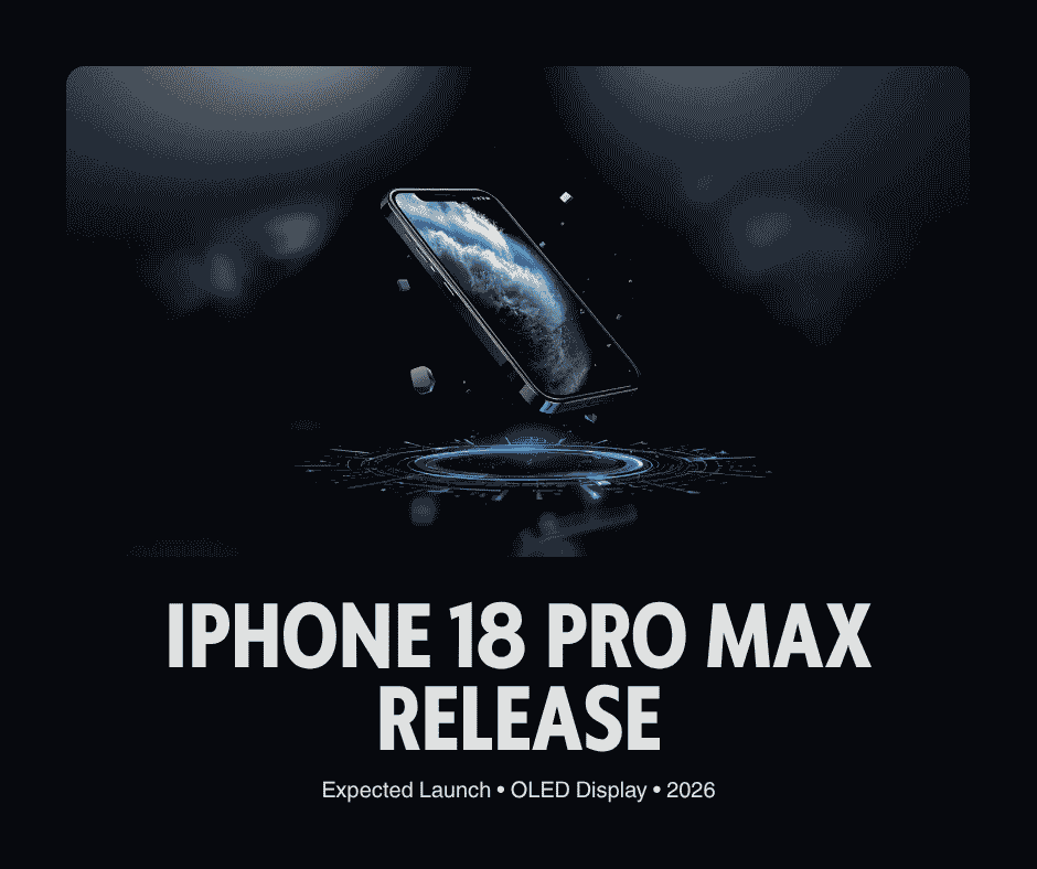 Apple iPhone 18 Pro Max concept showing a premium 6.9-inch OLED display with a smaller Dynamic Island and modern flagship design.